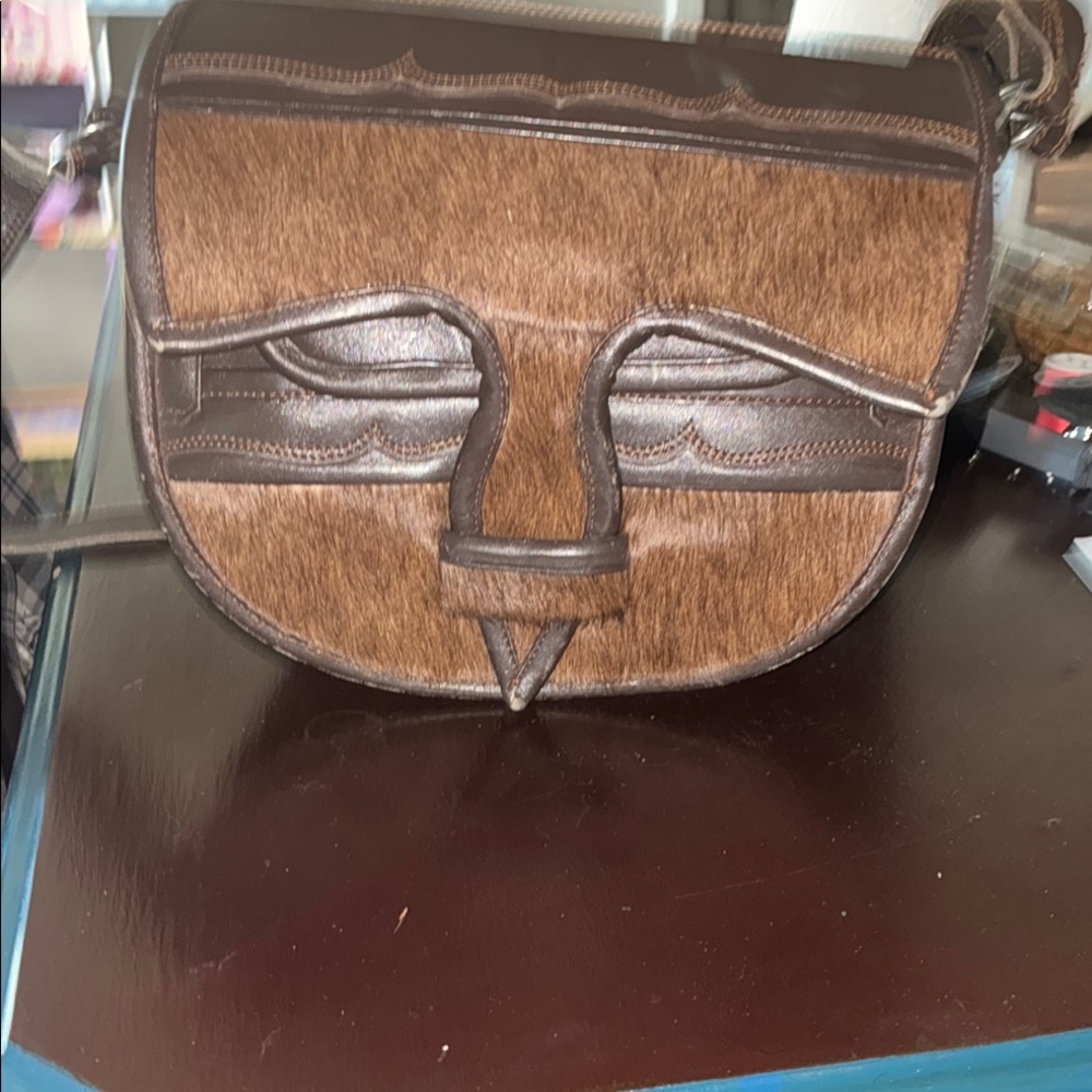 Brown Shoulder Bag with Artistic Face Design